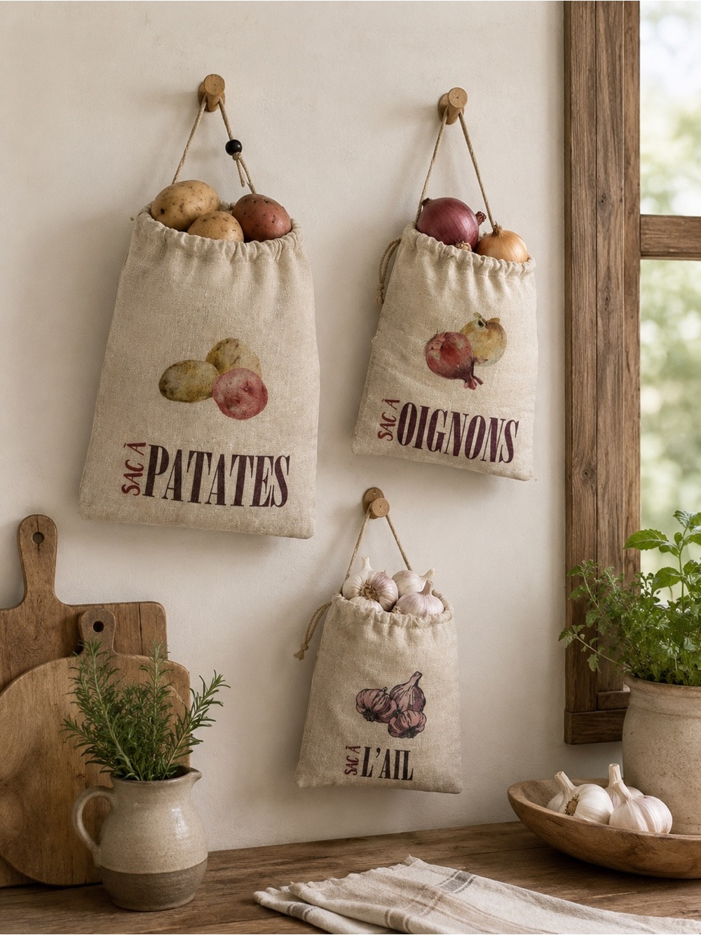 Canvas Hanging Produce Bags in Natural - Set of 3